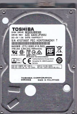 Toshiba MQ03UBB300 AZA AA00/JP050U HDKFD06AZA31 T APR/2017 3 TB 2,5" USB 3.0 8116 Foto 1 de 4