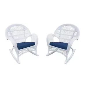 Jeco Wicker Rocker Chair in White with Blue Cushion (Set of 4) - Picture 1 of 1