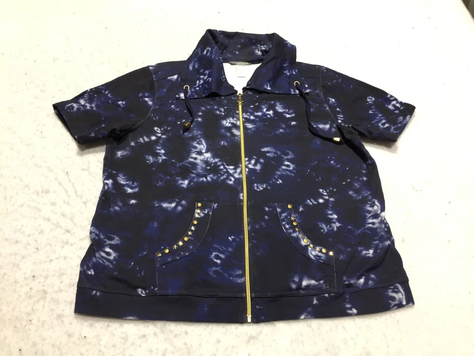 Sudadera Three Hearts Mujer XL Azul Blanco Teñida Cremallera Completa Bolsillos Cortos Tachonados Foto 1 de 4