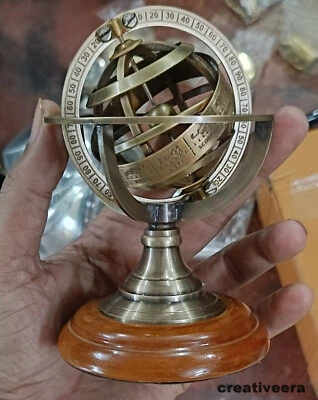Armilar de latón antiguo vintage globo astrolabio esfera de mesa con base de madera Foto 1 de 4