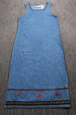 Studio Ease Petite Women's Denim Jumper Maxi Dress Floral Trim Side Slit Size 8P - Image 1 of 4