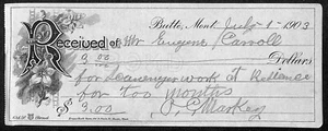1903 Butte Montana Eugene Carroll R.C.  P. C. Markey Receipt "House Scavenging" - Picture 1 of 2