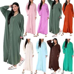 Womens Long Sleeve Front Zip Kaftan Gold Stitching Oversized Abaya Dress - Picture 1 of 12