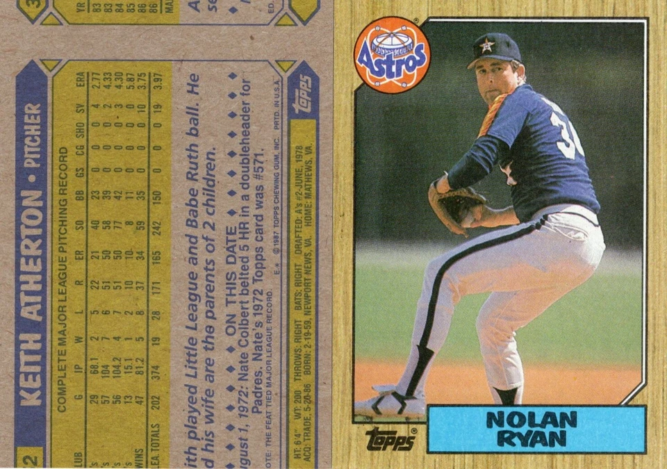 Tarjeta de error 1987 Topps Nolan Ryan espalda equivocada Keith Atherton Huston Astros Foto 1 de 1