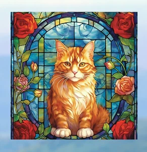 Orange Cat Faux Stained-Glass WINDOW CLING Sun-catcher Size 8" Vinyl - Picture 1 of 1