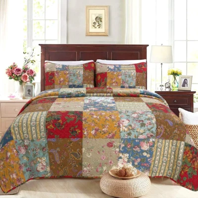 NEW! ~ COZY COTTAGE BLUE RED BROWN GREEN LEAF YELLOW ROSE PATCHWORK QUILT SET - Image 1 of 4