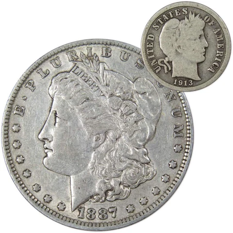 1887 O Morgan Dollar XF EF Extremely Fine with 1913 Barber Dime G Good Cover