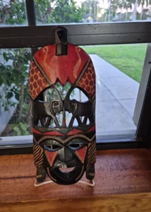 Vintage Wood Elephant Kiss African Mask Trunks Up Hand Painted Animal Prints - Picture 1 of 19