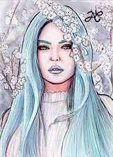Original Sketch Card Drawing Portrait Fantasy Elf Girl Blue Cherry Tree Flowers