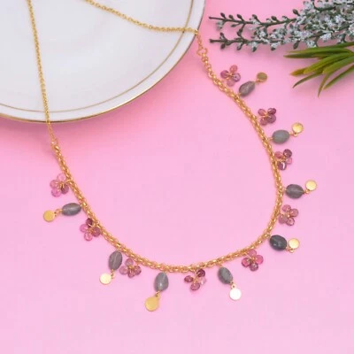 Pink tourmaline floral necklace beads-Labradorite gems 14k gold plated silver - Image 1 of 3