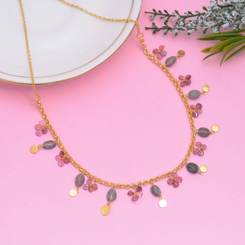 Pink tourmaline floral necklace beads-Labradorite gems 14k gold plated silver - Image 1 of 3