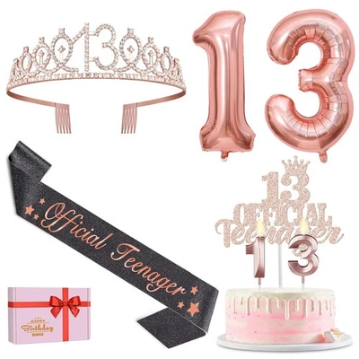 13th Birthday Decorations for Girls with Black Official Teenager Sash and Tia... - Image 1 of 4