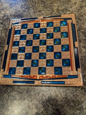 Manopoulos Mini Chess Board Greek Key Mythology Brass Blue Dot Board Only - Image 1 of 3