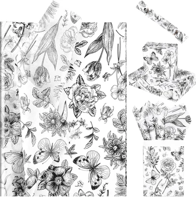 100 Sheets Black White Floral Tissue Paper,Vintage Bouquets of Garden Flowers, B - Image 1 of 4