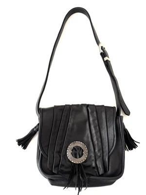 INTO Leather Crossbody Shoulder Bag Black Pleated Tassel Silver Buckle Southwest - Image 1 of 4