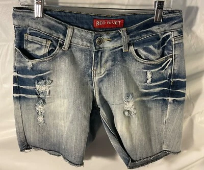 Pantalones Cortos Denim Red Remache Para Mujer Junior Talla 3 Azul Blanqueado Rasgado #10 Foto 1 de 4