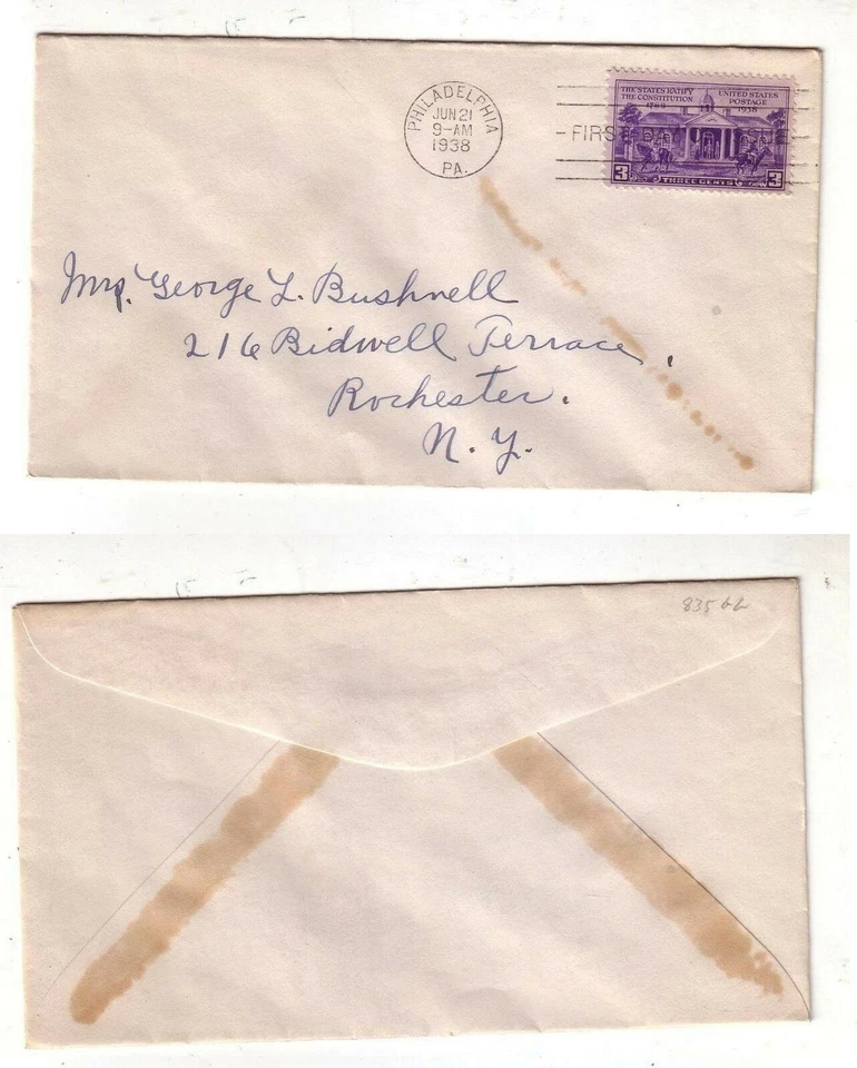 1938 US 1st Day - Scott# 835 U.S. Constitution - Addressed no cachet - Image 1 of 1
