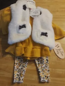 NWT LITTLE LASS Faux Fur Ivory & Mustard 3-Piece Outfit - SIZE 0/3 MOS. - Picture 1 of 6