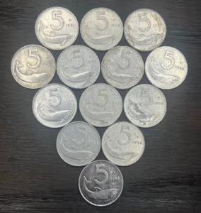 Lot of 7 - 1953 - 1986 - Italy Five Lira Aluminum Circulated Coins KM#92 - Picture 1 of 2
