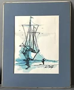 Segelschiff Tinte Aquarell Druck auf strukturiertem Kunstpapier matt montiert Wanddekor - Bild 1 von 13