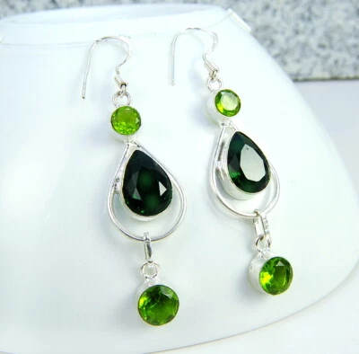 Damen-Ohrringe aufreizende Ohrringe Sterling Silber 925 Edelstein grüne Quarz - Bild 1 von 2