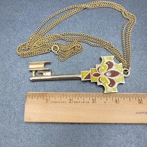 Collar Colgante Llave Esmalte Grande Vintage Tono Dorado Multi Hilo Cadena 21" - Imagen 1 de 8