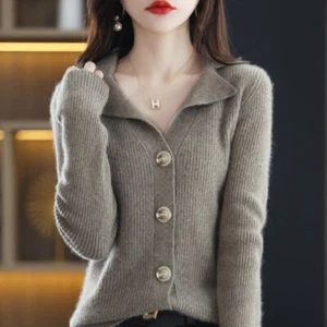 Women Cardigans Autumn Winter V-neck Knitted Sweater Fashion Short Knitwear - Picture 1 of 12