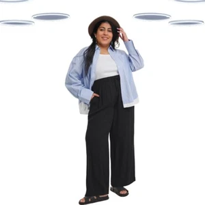 Ex Simply Be Women's Plus Size Crinkle Wide Leg Trousers in Black - Picture 1 of 5