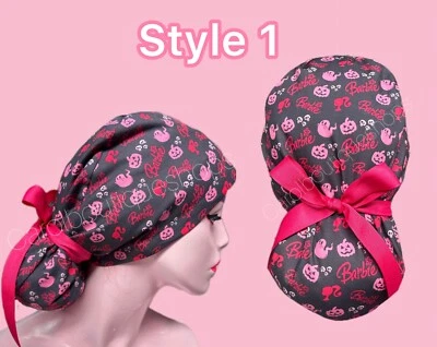 Halloween Barbie Scrub cap, Halloween Barbie Ponytail scrub Cap pumpkin ghost - Image 1 of 3