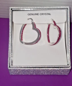 Silver Plt Brass Geniune Crystal Heart 1  1/2 inch Hoop Pierced Earrings - Picture 1 of 4