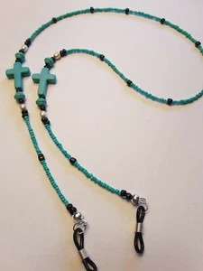 TÜRKISE BRILLENKORDEL MIT CHRISTLICHEM KREUZ AKZENT / SILBERNE AKZENTE  - Bild 1 von 5