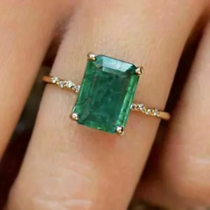 2.10 Ct Beauty Emerald Cut Green Emerald Engagement Ring 14K Yellow Gold Finish - Picture 1 of 7