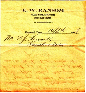 E W Lösegeld Steuersammler Fort Bend County Richmond Texas 1918 handgeschriebener Brief - Bild 1 von 1