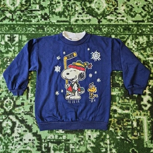 Vtg Snoopy Peanuts Kids Size 7 Blue Pullover Sweater USA Hockey Winter Christmas - Picture 1 of 10