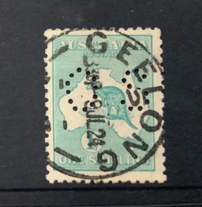 KANGAROO : 1/ BLUE GREEN DIE 2b perf OS used with nice GEELONG CANCEL - Picture 1 of 2