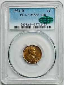 1934 D Small Cents Lincoln Wheat Penny PCGS MS-66+ Plus RD Red CAC - Picture 1 of 3