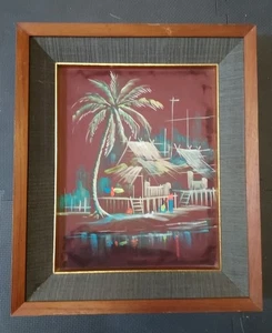Quadro con cornice acquerello firmato originale serigrafia scena spiaggia Hawaii - Foto 1 di 2
