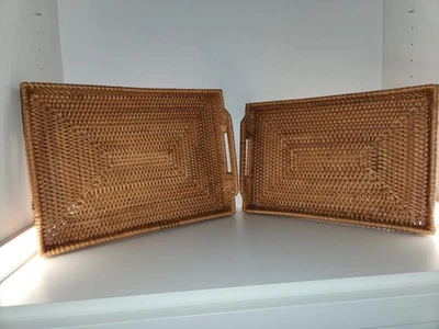 2 Rectangular Nesting Serving Trays with Cutout Handles - Rattan/Wicker - Image 1 of 4