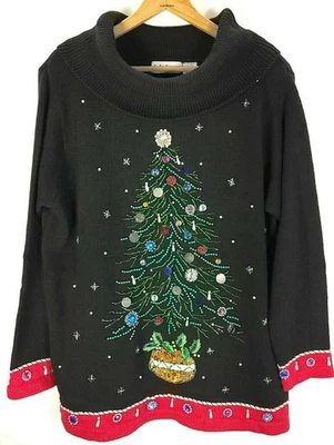 Suéter BP Design De Colección Árbol de Navidad Con Cuentas y Lentejuelas Negro Vacaciones Capucha Cuello L Foto 1 de 4