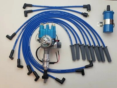 FORD 351C 429 460 SMALL CAP HEI DISTRIBUTOR + COIL + BLUE 8.5mm SPARK PLUG WIRES - Image 1 of 3