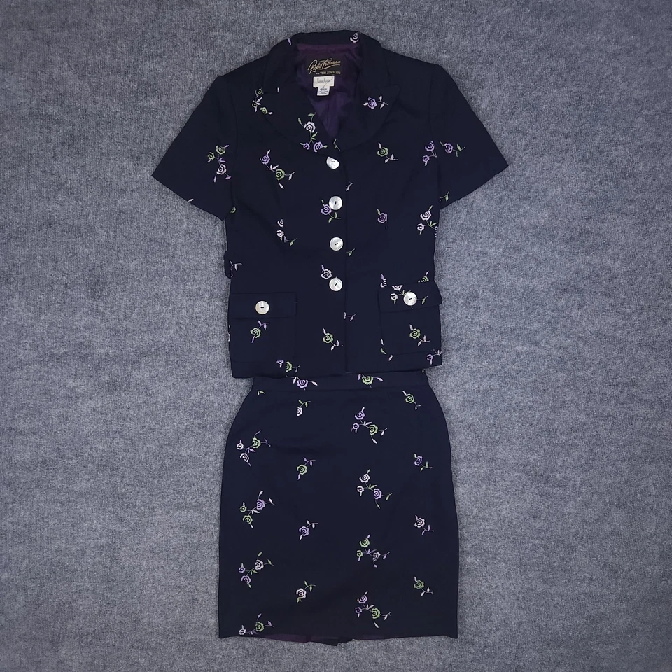 Rickie Freeman Teri Jon Skirt Suit Womens 6 Blue Floral 2 Piece Button Up - Image 1 of 4