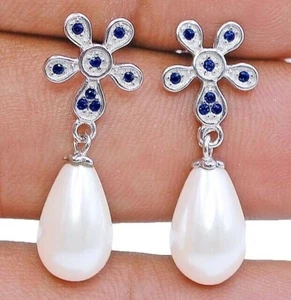 0.5CT Fresh Water Pearl & Treated Sapphire 925 Sterling Silver Earrings YB1-2 - Picture 1 of 2