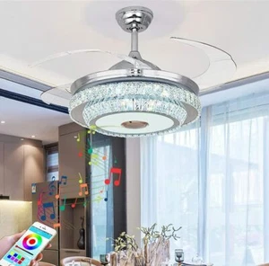 42" Crystal Ceiling Fan Light Bluetooth Speaker 7 Color Music Ceiling Chandelier - Picture 1 of 20