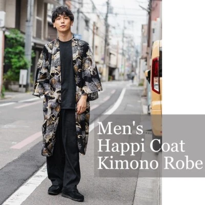 Abrigo Happi para hombre: bata kimono - base negra, - agujas de pino, dragones y halcones Foto 1 de 4