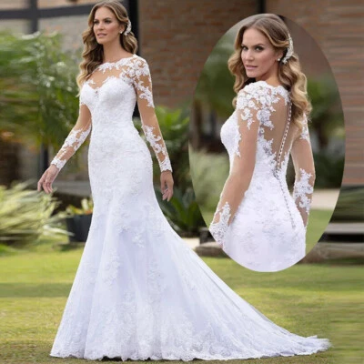 Wedding Dresses Boat Neck Long Sleeve V-Back Applique Lace Mermaid Sweep Train - Image 1 of 4