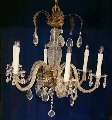 Antique Striking 6 Light Swarovski Lead Crystal Brass Fern Palm Crown Chandelier - Image 1 of 4