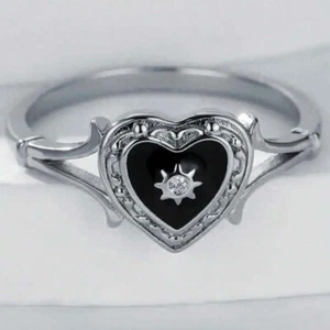 Silver Plated Heart Ring with Cubic Zirconia Stone and Black Enamel Size 10 - Picture 1 of 2
