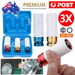 3pc 1/2''Alloy Wheel Deep Impact Nut Socket Set 17, 19, 21mm with Nylon Sleeve - Picture 1 of 10