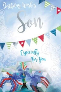 Son Happy Birthday Card Presents Gifts Flags Bunting & Scroll Design - Picture 1 of 2