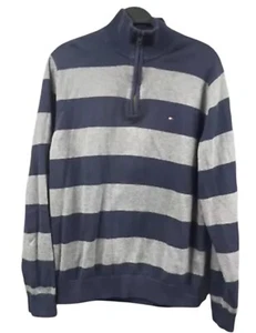 Tommy Hilfiger Mens Sweater XL Navy Blue Gray Striped Cotton 1/4 Zip Pullover - Picture 1 of 18
